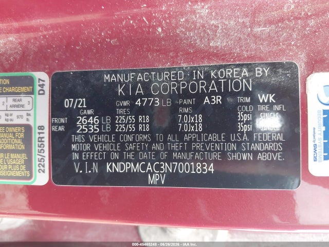 Продажа на аукционе авто 2022 Kia Sportage Lx, vin: KNDPMCAC3N7001834, номер лота: 45465248