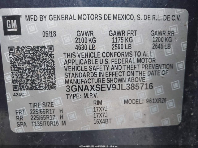 Chevrolet EQUINOX LT 2018 3GNAXSEV9JL385716 Image 9