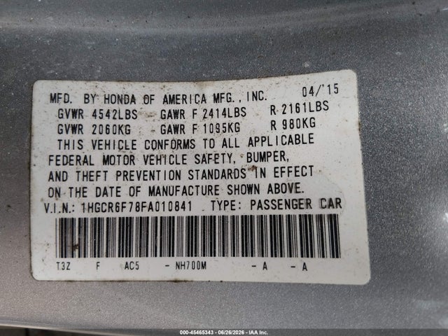 45465343 :رقم المزاد ، 1HGCR6F78FA010841 vin ، 2015 Honda Accord Hybrid Touring مزاد بيع