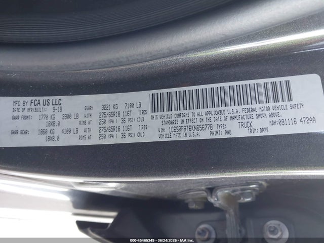 Продаж на аукціоні авто 2019 Ram 1500 Laramie  4x4 6'4 Box, vin: 1C6SRFRT6KN656778, номер лоту: 45465349