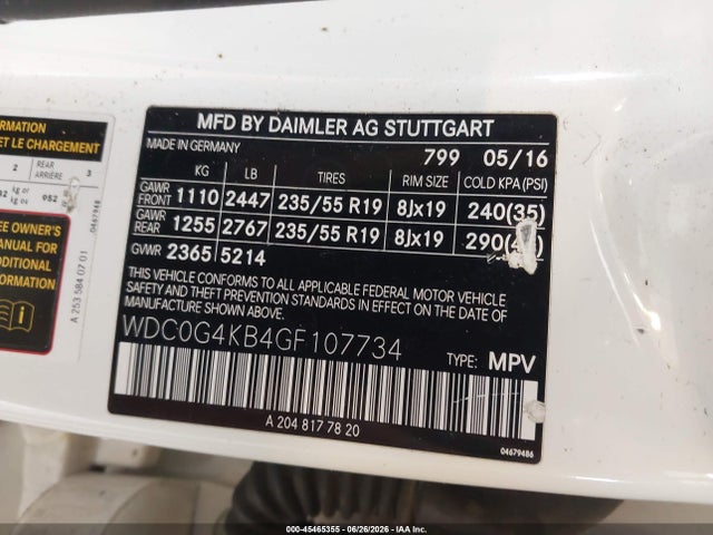 Aukcja sprzedaży 2016 Mercedes-benz Glc 300 4matic, vin: WDC0G4KB4GF107734, numer aukcji: 45465355