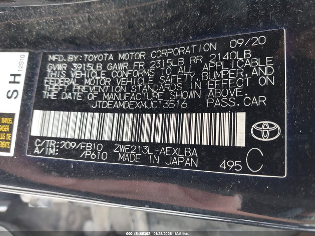 Aukcja sprzedaży 2021 Toyota Corolla Hybrid Le, vin: JTDEAMDEXMJ013516, numer aukcji: 45465362