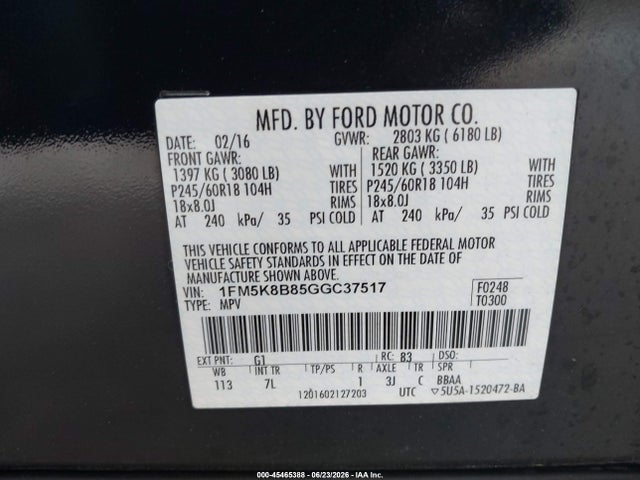 1FM5K8B85GGC37517 Ford Explorer
