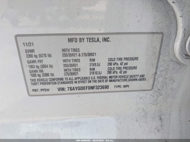 Aukcja sprzedaży 2022 Tesla Model Y Performance Dual Motor All-wheel Drive, vin: 7SAYGDEF0NF323690, numer aukcji: 45465392