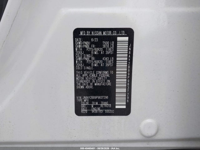 45465401 :رقم المزاد ، JN8AY2BB9P9837296 vin ، 2023 Nissan Armada Sl 4wd مزاد بيع