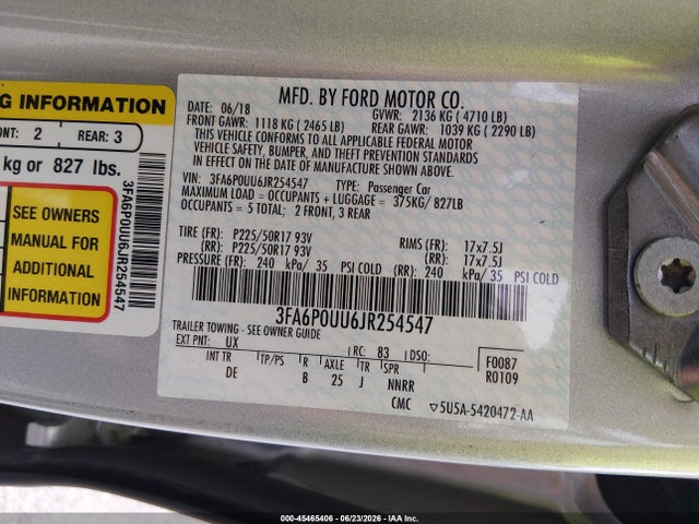 3FA6P0UU6JR254547 Ford Fusion Hybrid S