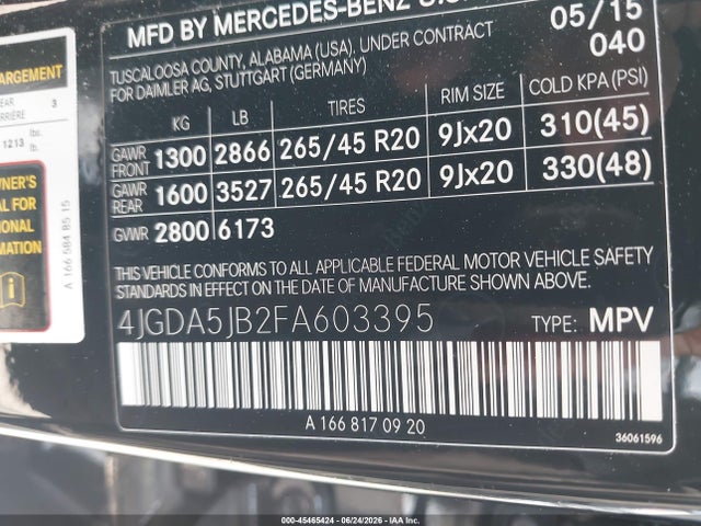 Aukcja sprzedaży 2015 Mercedes-benz Ml 350, vin: 4JGDA5JB2FA603395, numer aukcji: 45465424