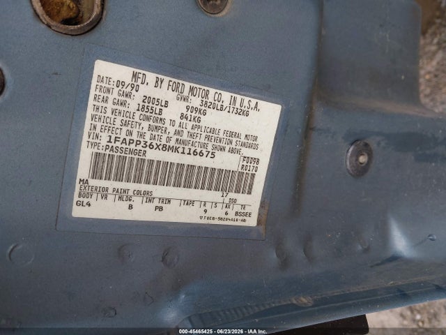 1991 Ford Tempo Gl მანქანა იყიდება აუქციონზე, vin: 1FAPP36X8MK116675, აუქციონის ნომერი: 45465425