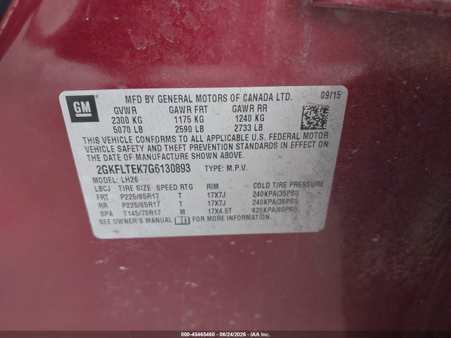 45465460 :رقم المزاد ، 2GKFLTEK7G6130893 vin ، 2016 Gmc Terrain Sle-2 مزاد بيع