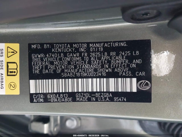 Aukcja sprzedaży 2019 Lexus Es 350 Luxury, vin: 58ABZ1B19KU023416, numer aukcji: 45465473