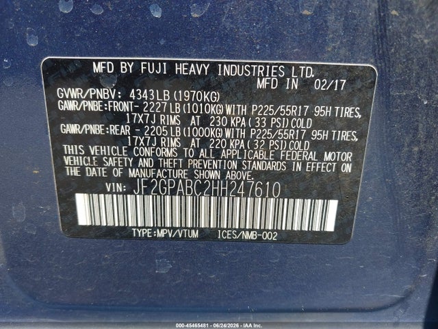 2017 Subaru Crosstrek 2.0i Premium მანქანა იყიდება აუქციონზე, vin: JF2GPABC2HH247610, აუქციონის ნომერი: 45465481