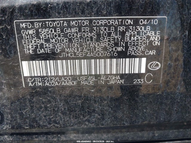 Продаж на аукціоні авто 2010 Lexus Ls 460, vin: JTHCL5EF4A5007616, номер лоту: 45465482