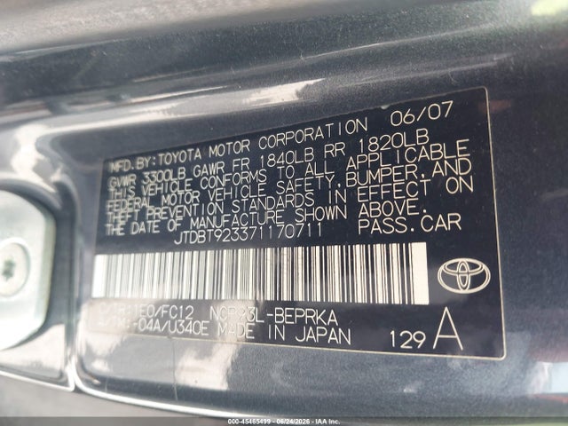 45465499 :رقم المزاد ، JTDBT923371170711 vin ، 2007 Toyota Yaris مزاد بيع