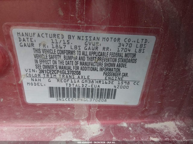 Продаж на аукціоні авто 2016 Nissan Versa Note S (sr)/s Plus/sl/sr/sv, vin: 3N1CE2CP4GL370208, номер лоту: 45465500