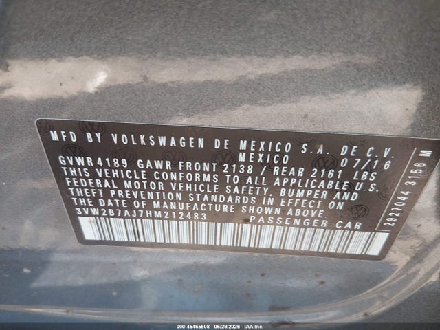 45465508 :رقم المزاد ، 3VW2B7AJ7HM212483 vin ، 2017 Volkswagen Jetta 1.4t S مزاد بيع