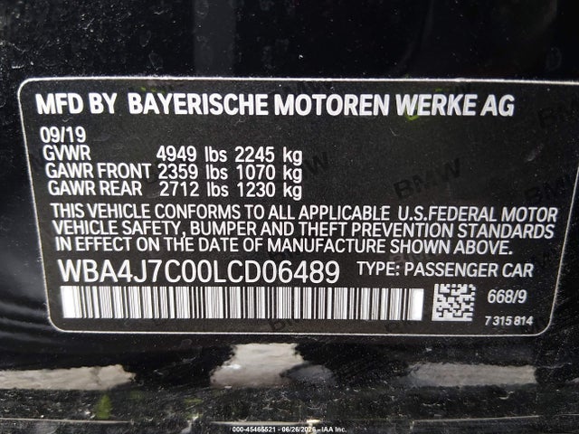 45465521 :رقم المزاد ، WBA4J7C00LCD06489 vin ، 2020 Bmw 440i Gran Coupe Xdrive مزاد بيع