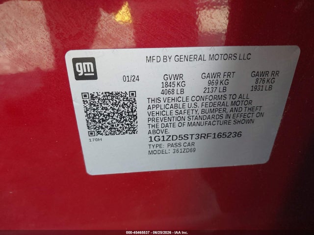 45465537 :رقم المزاد ، 1G1ZD5ST3RF165236 vin ، 2024 Chevrolet Malibu Fwd 1lt مزاد بيع