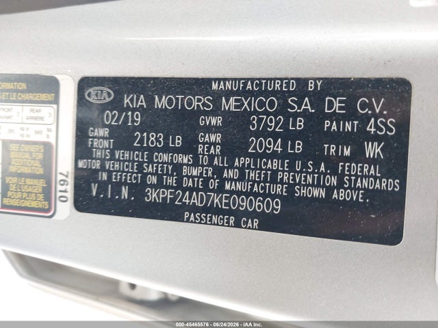 2019 Kia Forte Lxs მანქანა იყიდება აუქციონზე, vin: 3KPF24AD7KE090609, აუქციონის ნომერი: 45465576
