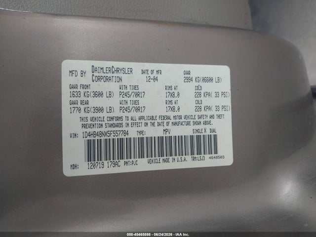 Продаж на аукціоні авто 2005 Dodge Durango Slt, vin: 1D4HB48NX5F557784, номер лоту: 45465598