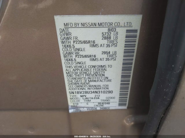Auction sale of the 2004 Nissan Quest S/se/sl, vin: 5N1BV28U34N310290, lot number: 45465614