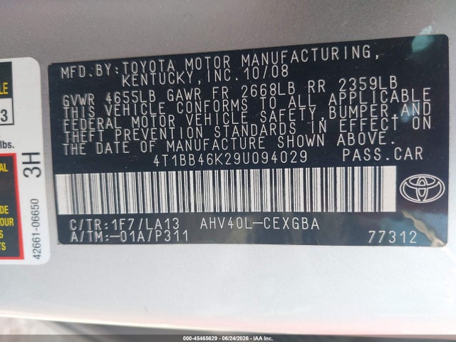 45465629 :رقم المزاد ، 4T1BB46K29U094029 vin ، 2009 Toyota Camry Hybrid مزاد بيع
