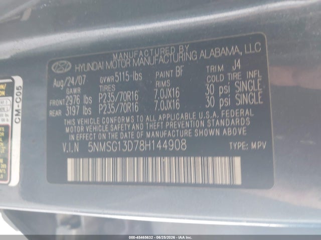 Продаж на аукціоні авто 2008 Hyundai Santa Fe Gls, vin: 5NMSG13D78H144908, номер лоту: 45465632