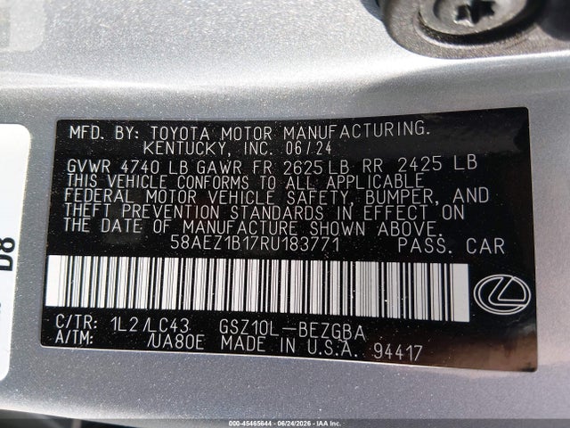 2024 Lexus Es 350 Luxury მანქანა იყიდება აუქციონზე, vin: 58AEZ1B17RU183771, აუქციონის ნომერი: 45465644