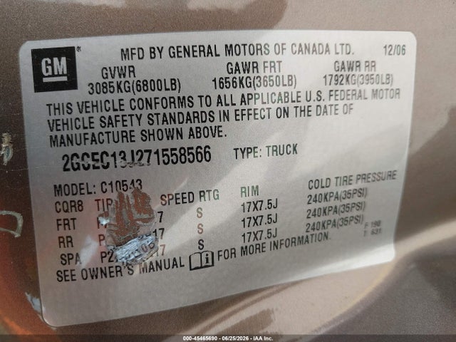 Продаж на аукціоні авто 2007 Chevrolet Silverado 1500 Lt1, vin: 2GCEC13J271558566, номер лоту: 45465690