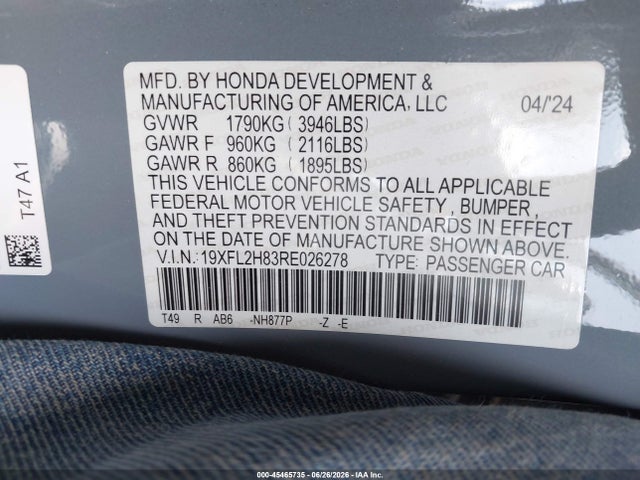 Aukcja sprzedaży 2024 Honda Civic Sport, vin: 19XFL2H83RE026278, numer aukcji: 45465735