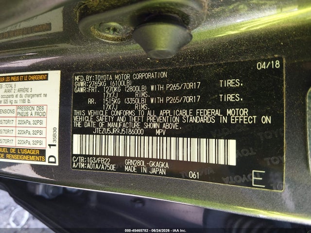 45465782 :رقم المزاد ، JTEZU5JR9J5186000 vin ، 2018 Toyota 4runner Sr5 مزاد بيع