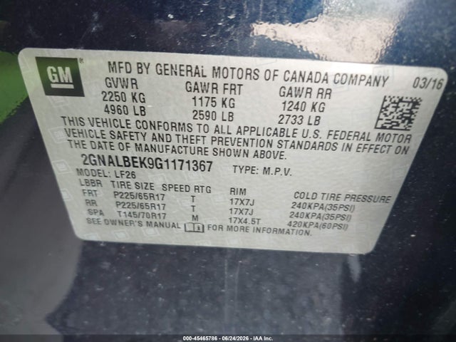 2016 Chevrolet Equinox Ls მანქანა იყიდება აუქციონზე, vin: 2GNALBEK9G1171367, აუქციონის ნომერი: 45465786