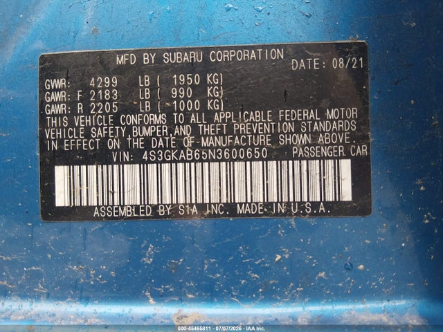 45465811 :رقم المزاد ، 4S3GKAB65N3600650 vin ، 2022 Subaru Impreza Base مزاد بيع