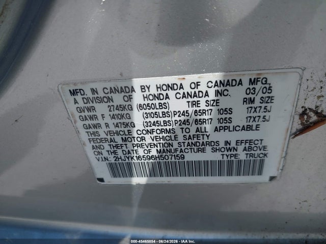 2006 Honda Ridgeline Rtl მანქანა იყიდება აუქციონზე, vin: 2HJYK16596H507159, აუქციონის ნომერი: 45465854