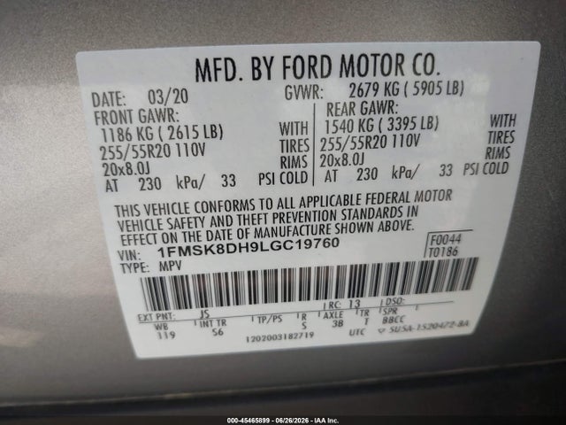 1FMSK8DH9LGC19760 Ford EXPLORER XLT