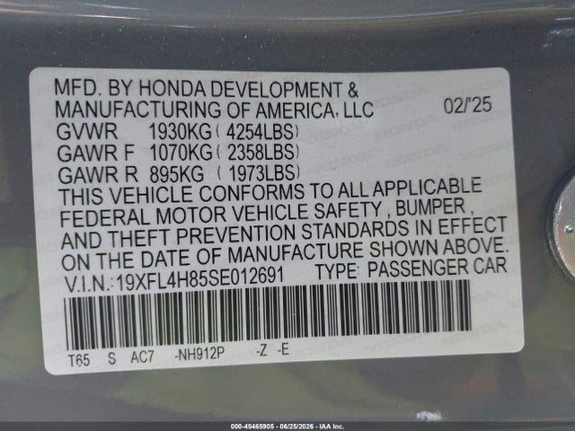 2025 Honda Civic Hybrid Sport მანქანა იყიდება აუქციონზე, vin: 19XFL4H85SE012691, აუქციონის ნომერი: 45465905