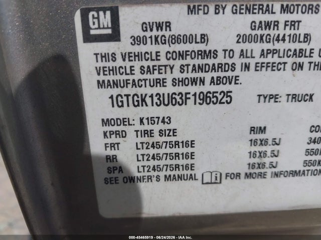 2003 Gmc Sierra 1500hd Slt მანქანა იყიდება აუქციონზე, vin: 1GTGK13U63F196525, აუქციონის ნომერი: 45465919