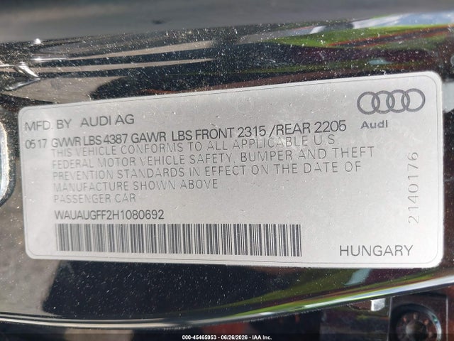 45465953 :رقم المزاد ، WAUAUGFF2H1080692 vin ، 2017 Audi A3 Premium مزاد بيع