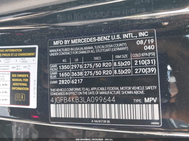 Aukcja sprzedaży 2020 Mercedes-benz Gle 350 4matic, vin: 4JGFB4KB3LA099644, numer aukcji: 45465985