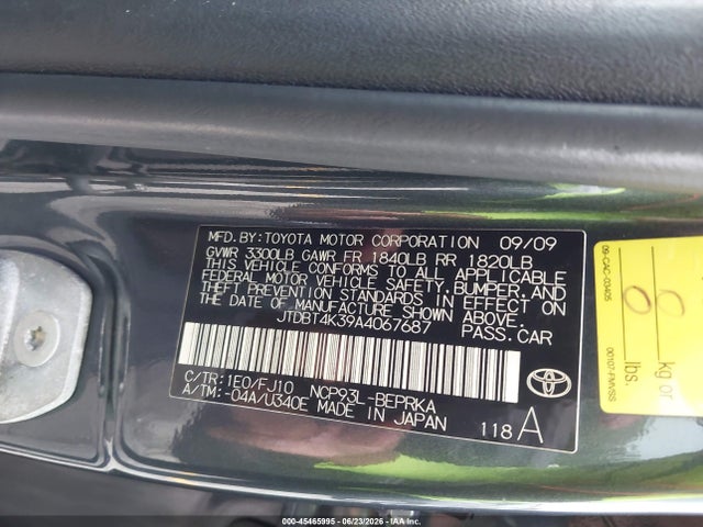 Aukcja sprzedaży 2010 Toyota Yaris, vin: JTDBT4K39A4067687, numer aukcji: 45465995