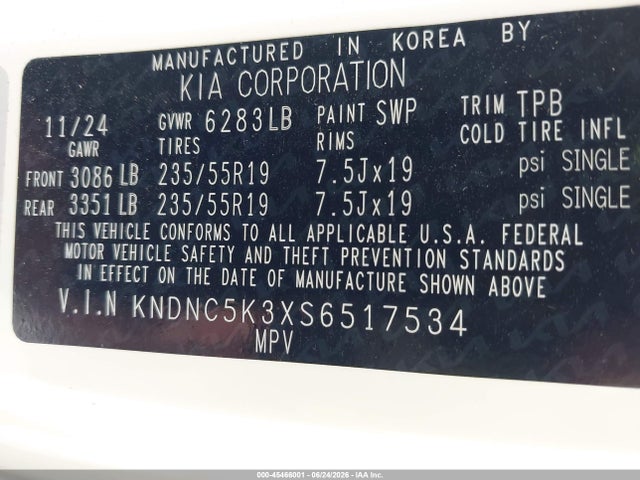 Продаж на аукціоні авто 2025 Kia Carnival Mpv Ex, vin: KNDNC5K3XS6517534, номер лоту: 45466001