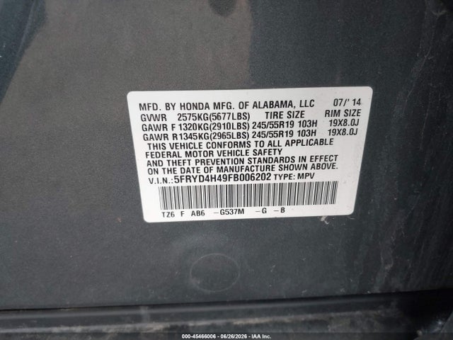 45466006 :رقم المزاد ، 5FRYD4H49FB006202 vin ، 2015 Acura Mdx Technology Package مزاد بيع