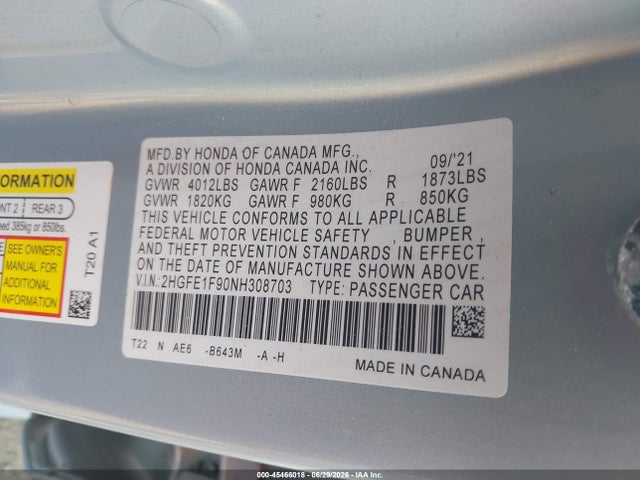 2HGFE1F90NH308703 Honda Civic Touring