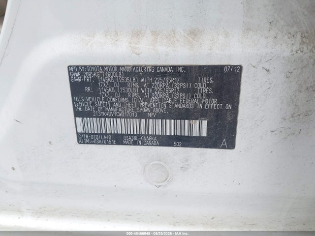 45466045 :رقم المزاد ، 2T3YK4DV1CW017013 vin ، 2012 Toyota Rav4 Limited V6 مزاد بيع
