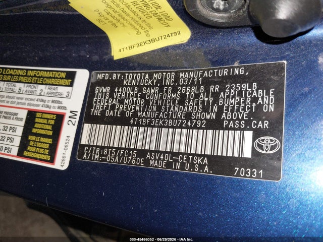 Aukcja sprzedaży 2011 Toyota Camry Se, vin: 4T1BF3EK3BU724792, numer aukcji: 45466052