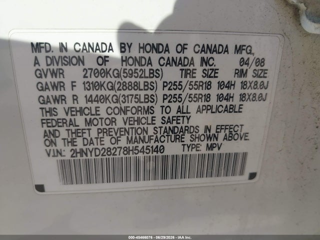 Aukcja sprzedaży 2008 Acura Mdx, vin: 2HNYD28278H545140, numer aukcji: 45466076