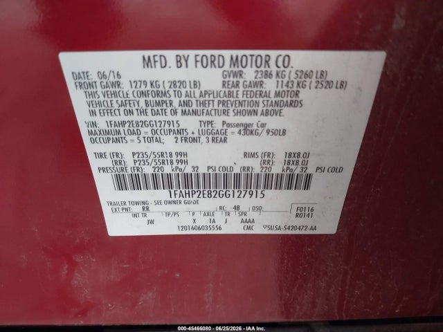 Aukcja sprzedaży 2016 Ford Taurus Sel, vin: 1FAHP2E82GG127915, numer aukcji: 45466080