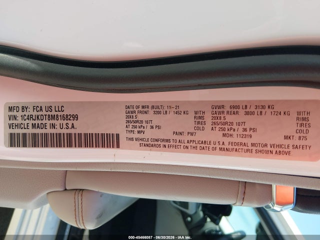2021 Jeep Grand Cherokee L Overland მანქანა იყიდება აუქციონზე, vin: 1C4RJKDT8M8168299, აუქციონის ნომერი: 45466087