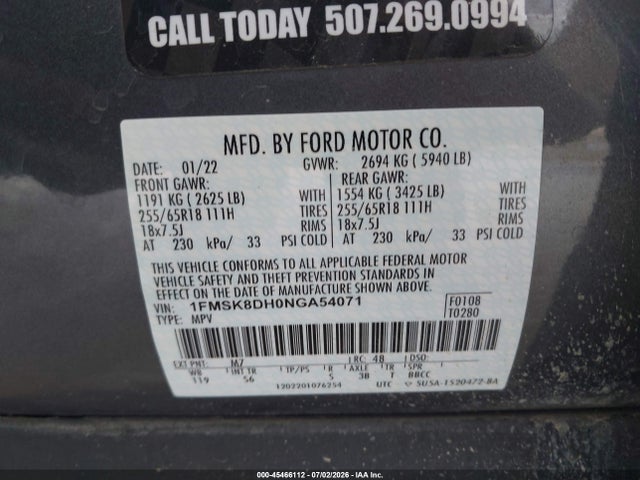 45466112 :رقم المزاد ، 1FMSK8DH0NGA54071 vin ، 2022 Ford Explorer Xlt مزاد بيع