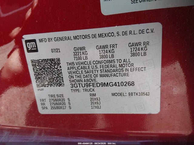 2021 Gmc Sierra 1500 4wd  Short Box Denali მანქანა იყიდება აუქციონზე, vin: 3GTU9FED9MG410268, აუქციონის ნომერი: 45466125