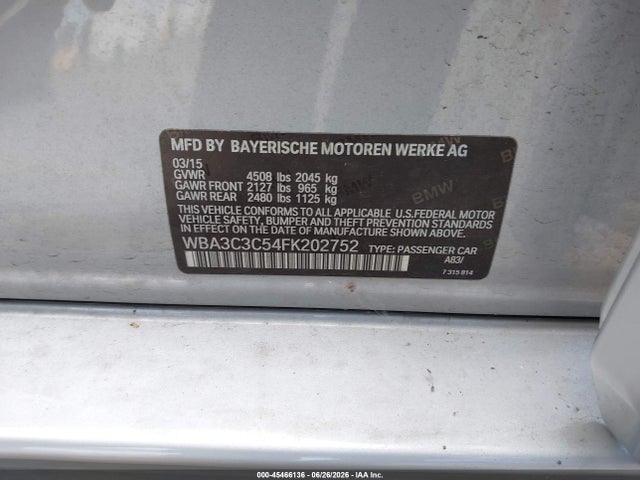 2015 Bmw 320i Xdrive მანქანა იყიდება აუქციონზე, vin: WBA3C3C54FK202752, აუქციონის ნომერი: 45466136